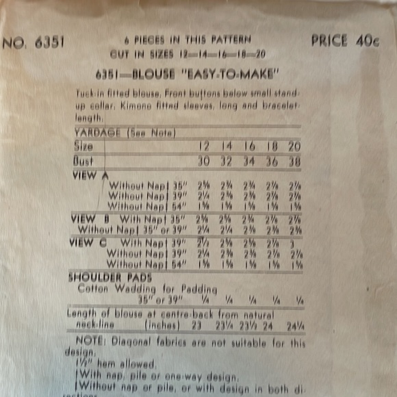 Vintage Vogue Pattern, 6351, size 18, 36 bust, 39 hip ca 1950's - Picture 5 of 11